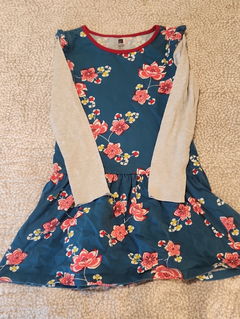 ✨ 3 For $25 SALE Tea Collection Teal Floral Long-Sleeve Dress with Gray Sleeves